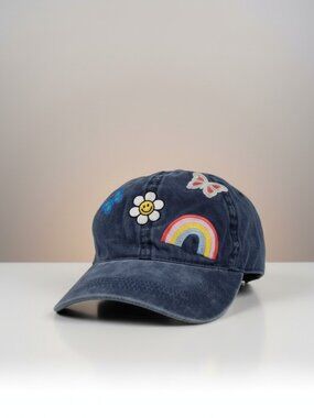 Smiley Face Rainbow Butterfly Hat Navy Washed Baseball Cap Y2K Aesthetic OS